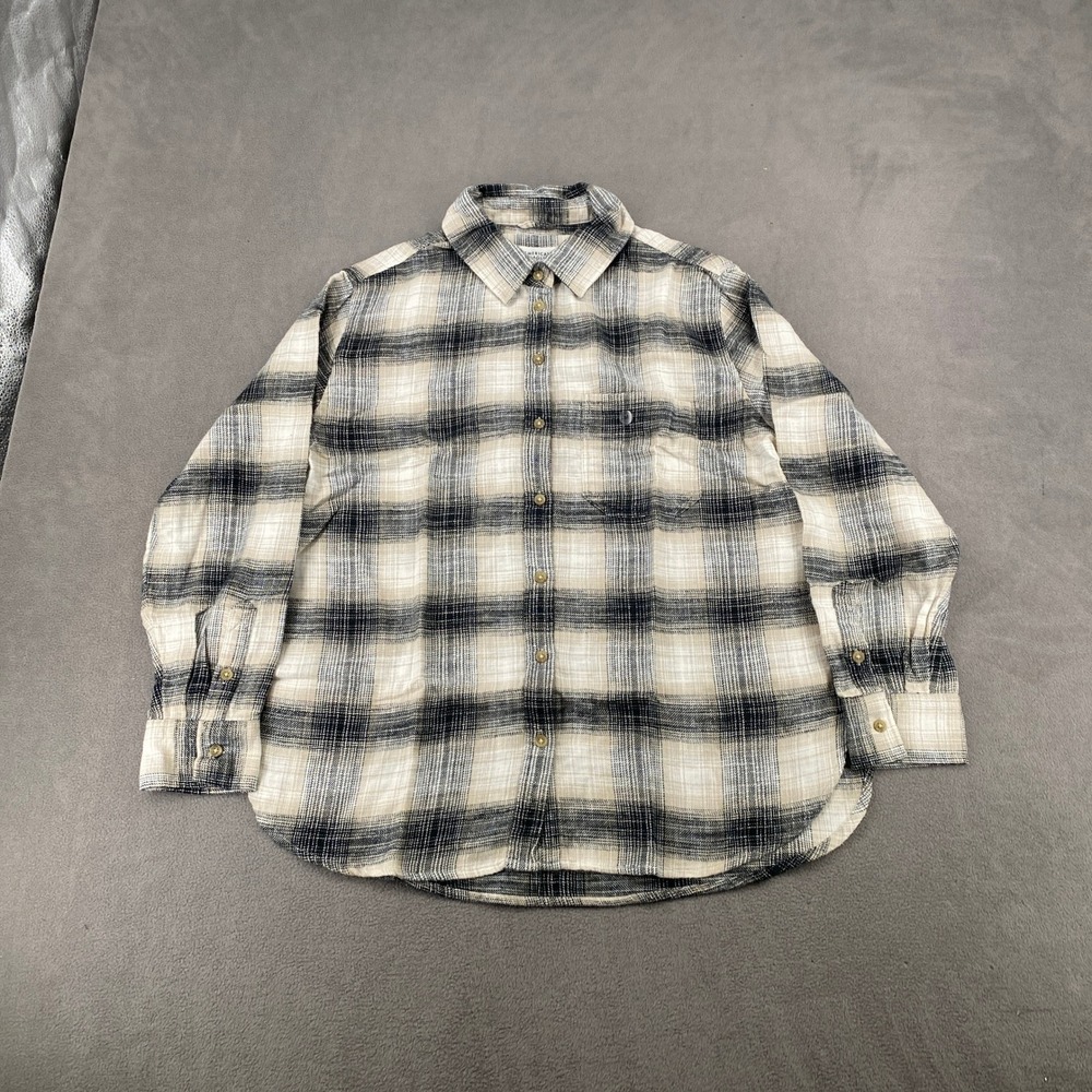 American Eagle Plaid Flannel Button Down Shirt Cream Black Tan Mens Medium NEW